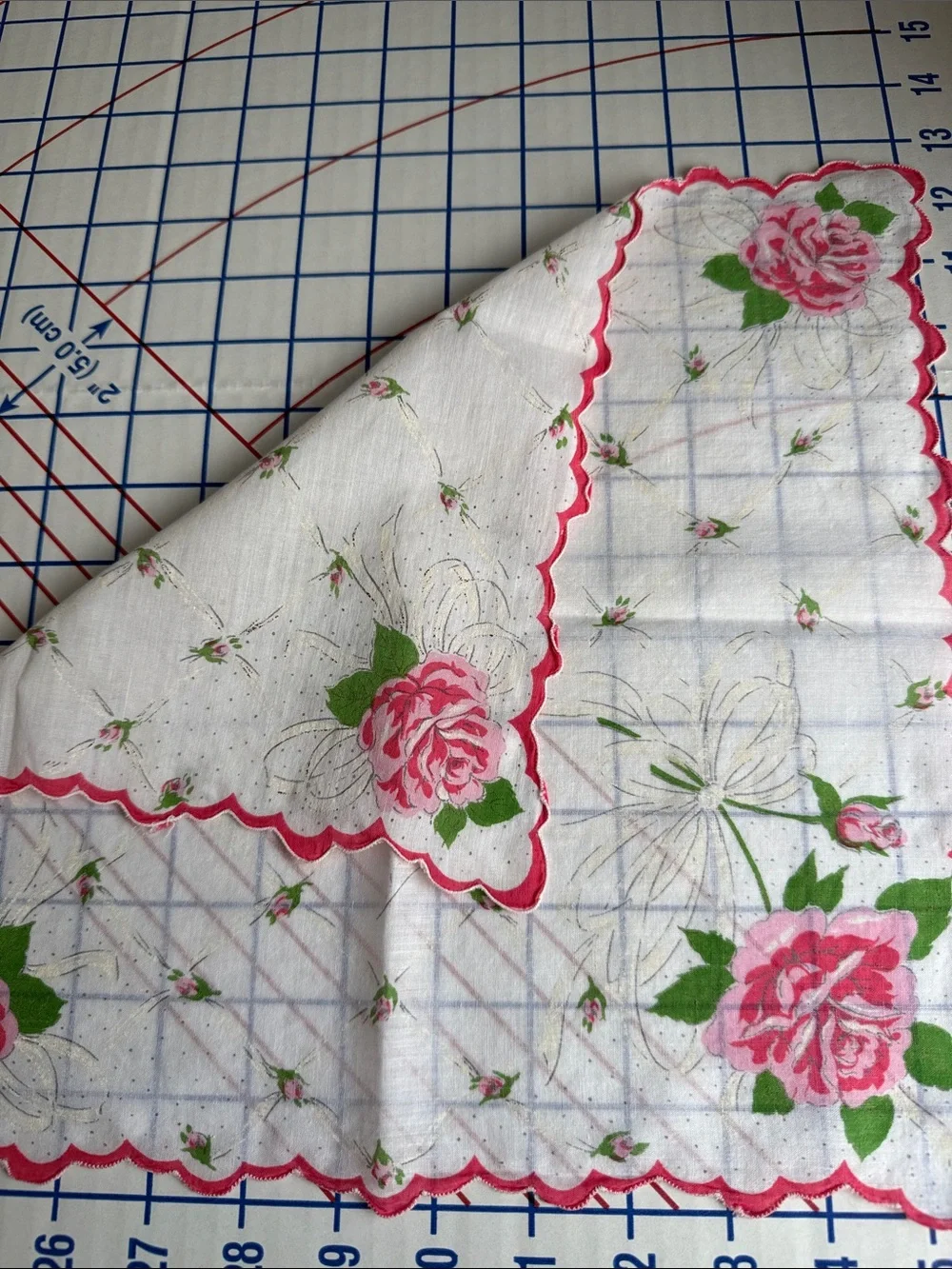 Lot of 3 Vintage Floral Cotton Handkerchiefs Pink Roses Cottagecore